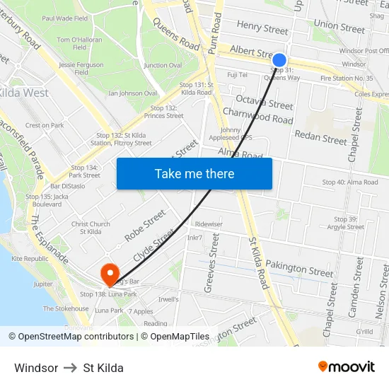 Windsor to St Kilda map