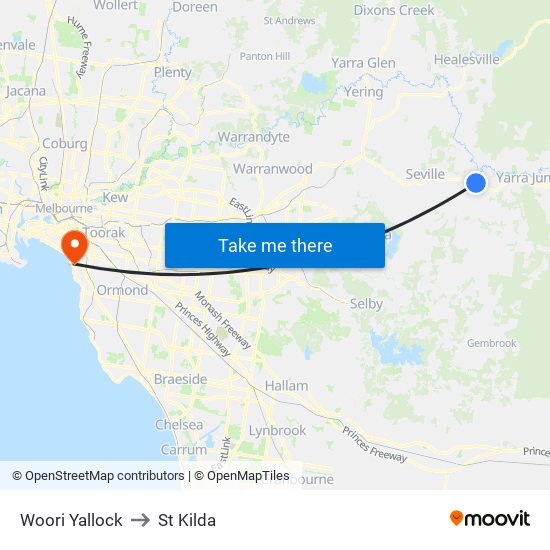 Woori Yallock to St Kilda map