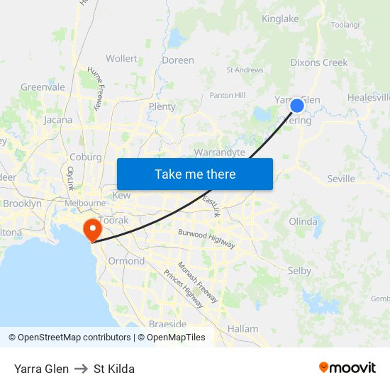 Yarra Glen to St Kilda map