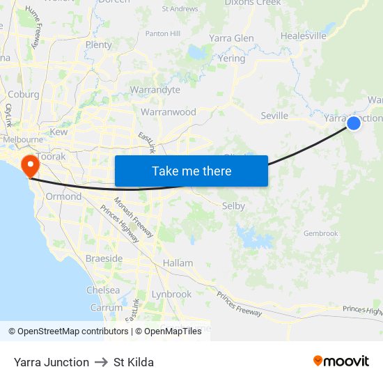 Yarra Junction to St Kilda map