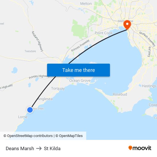 Deans Marsh to St Kilda map