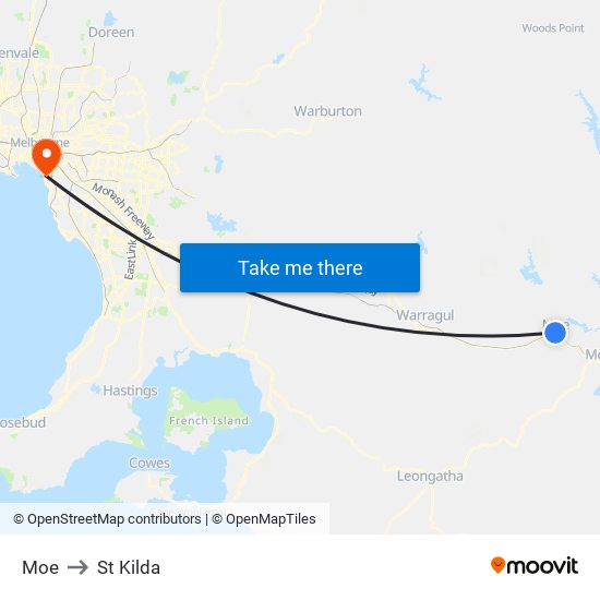 Moe to St Kilda map