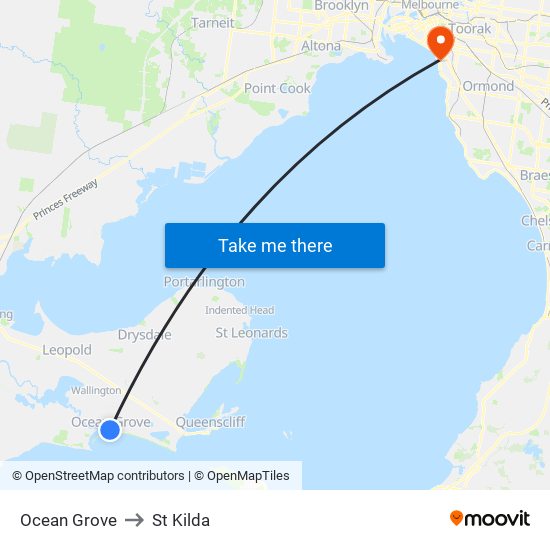 Ocean Grove to St Kilda map