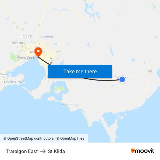 Traralgon East to St Kilda map