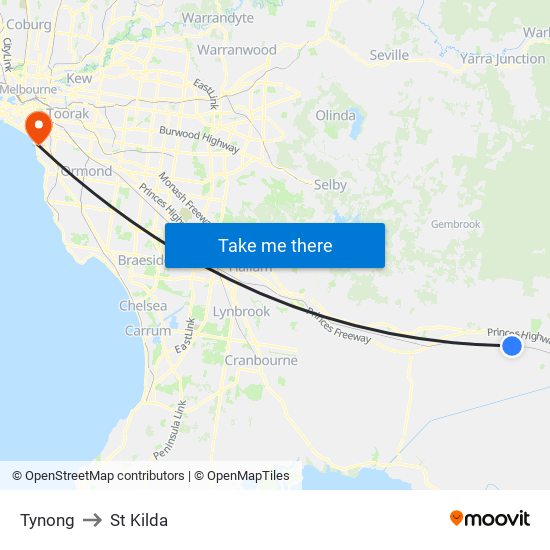 Tynong to St Kilda map