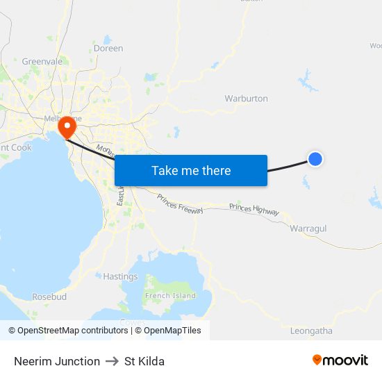 Neerim Junction to St Kilda map