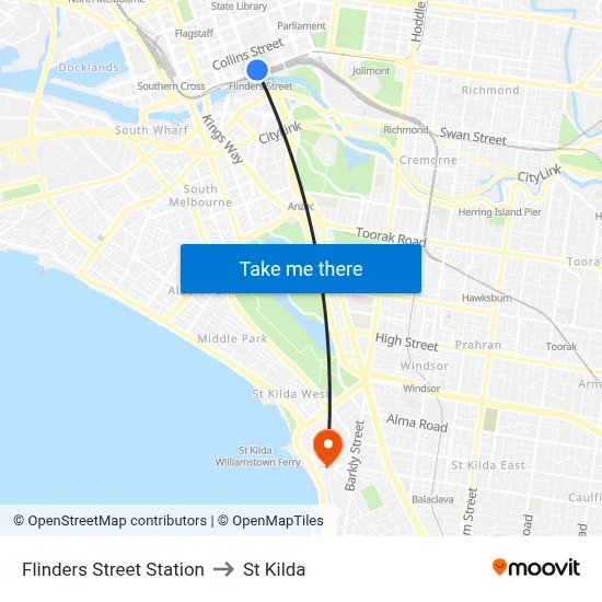 Flinders Street Station to St Kilda map