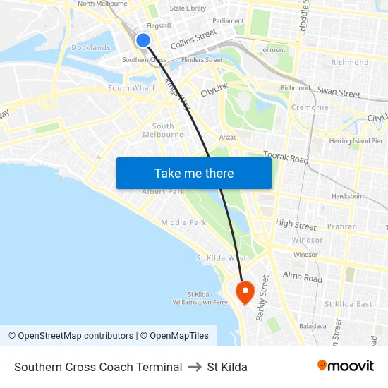 Southern Cross Coach Terminal to St Kilda map