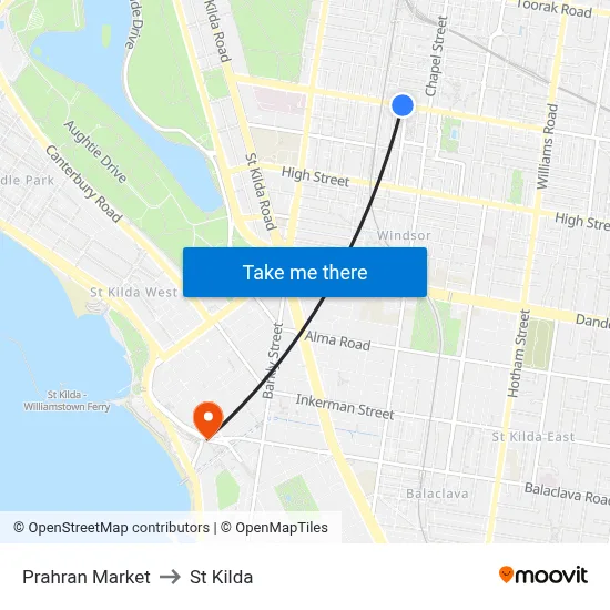 Prahran Market to St Kilda map