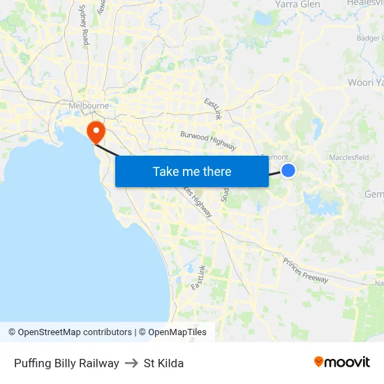 Puffing Billy Railway to St Kilda map