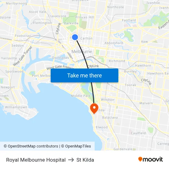Royal Melbourne Hospital to St Kilda map