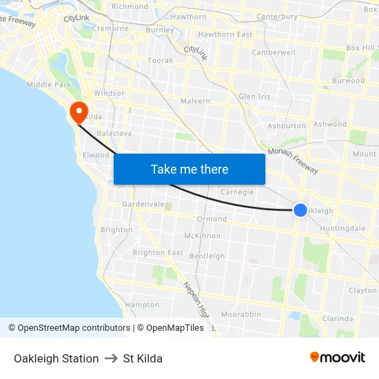 Oakleigh Station to St Kilda map