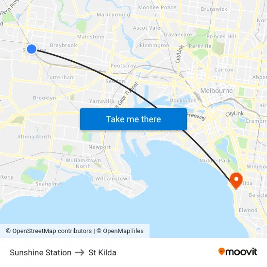 Sunshine Station to St Kilda map