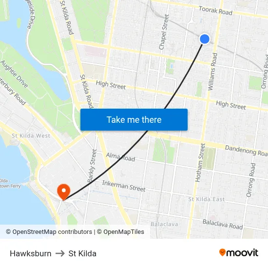 Hawksburn to St Kilda map