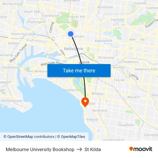 Melbourne University Bookshop to St Kilda map