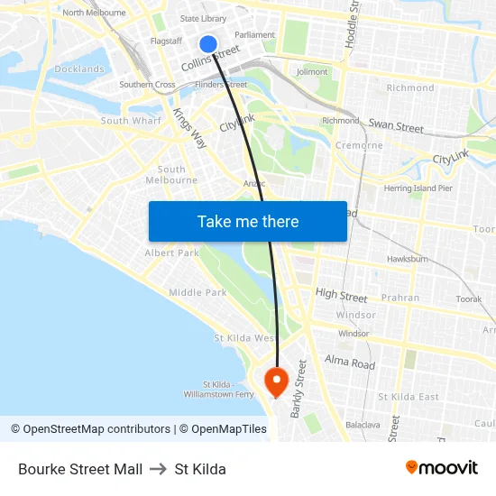 Bourke Street Mall to St Kilda map