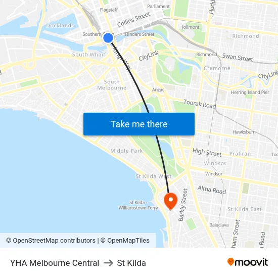 YHA Melbourne Central to St Kilda map