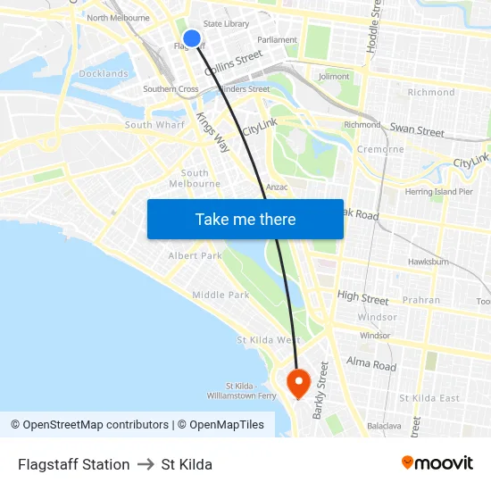 Flagstaff Station to St Kilda map