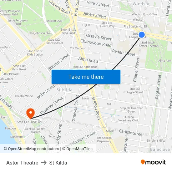 Astor Theatre to St Kilda map