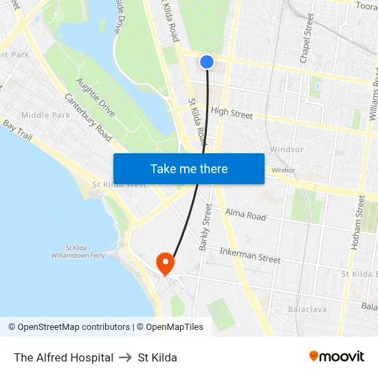 The Alfred Hospital to St Kilda map