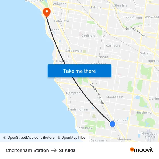 Cheltenham Station to St Kilda map