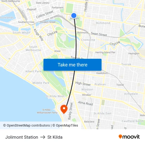 Jolimont Station to St Kilda map