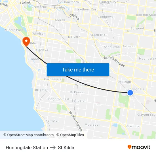 Huntingdale Station to St Kilda map