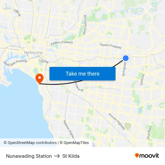 Nunawading Station to St Kilda map