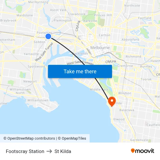 Footscray Station to St Kilda map