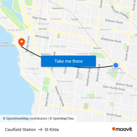 Caulfield Station to St Kilda map