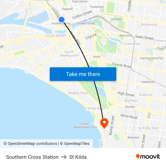 Southern Cross Station to St Kilda map