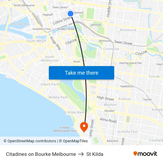 Citadines on Bourke Melbourne to St Kilda map
