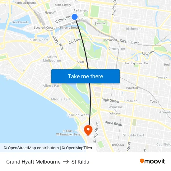 Grand Hyatt Melbourne to St Kilda map