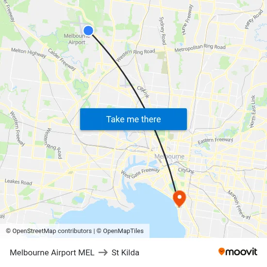 Melbourne Airport MEL to St Kilda map