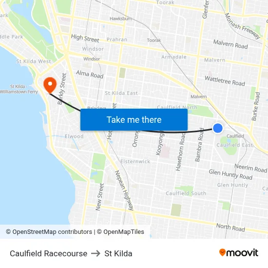 Caulfield Racecourse to St Kilda map