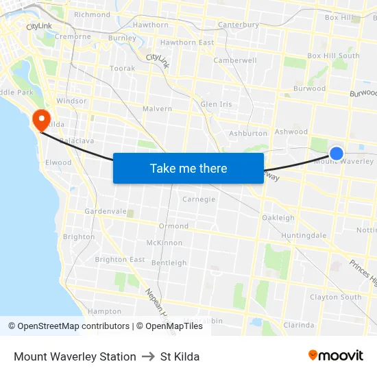 Mount Waverley Station to St Kilda map