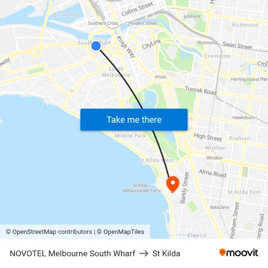 NOVOTEL Melbourne South Wharf to St Kilda map