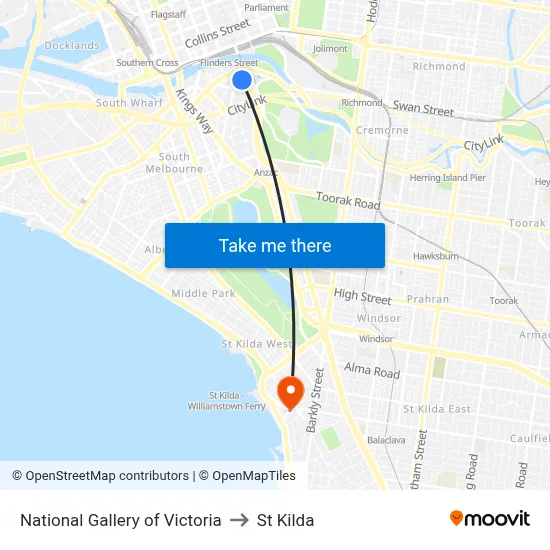 National Gallery of Victoria to St Kilda map