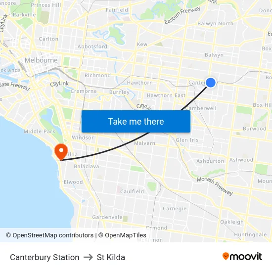 Canterbury Station to St Kilda map