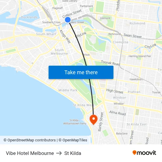 Vibe Hotel Melbourne to St Kilda map