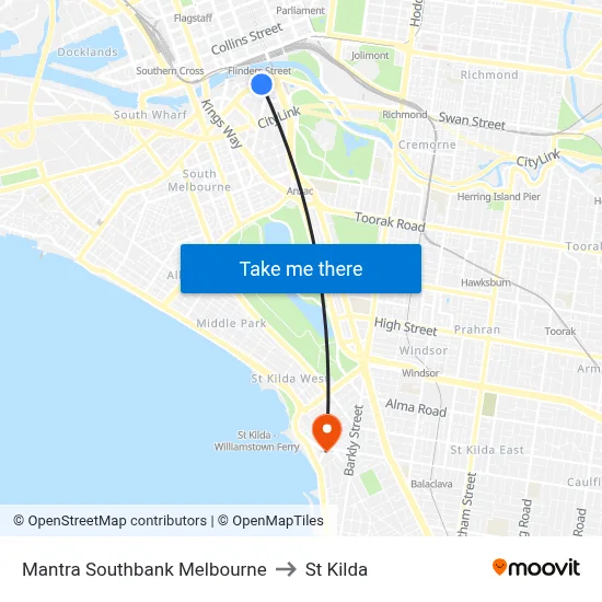 Mantra Southbank Melbourne to St Kilda map