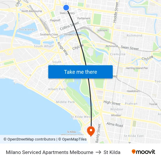 Milano Serviced Apartments Melbourne to St Kilda map