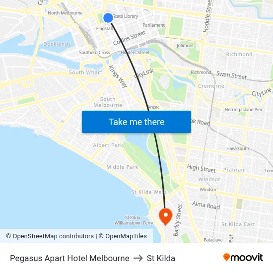 Pegasus Apart Hotel Melbourne to St Kilda map