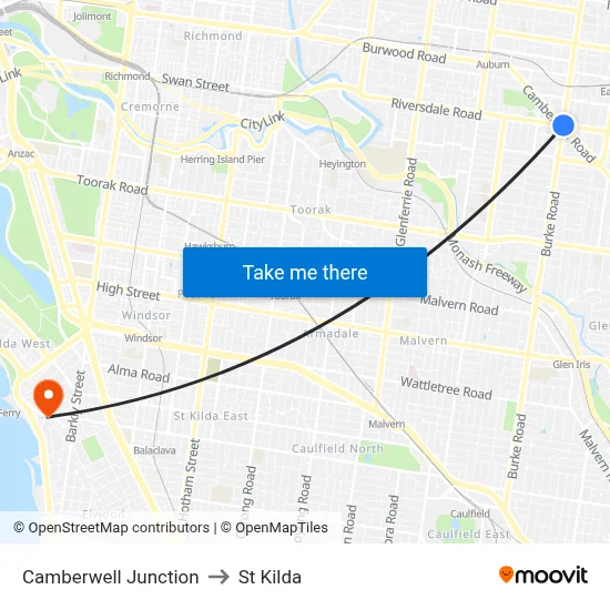 Camberwell Junction to St Kilda map