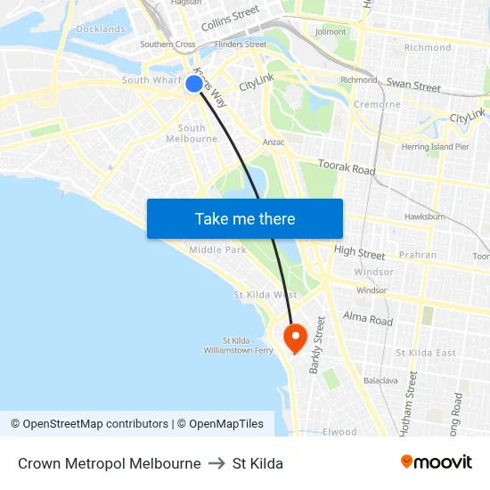 Crown Metropol Melbourne to St Kilda map