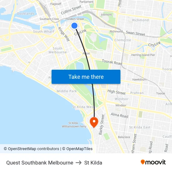 Quest Southbank Melbourne to St Kilda map