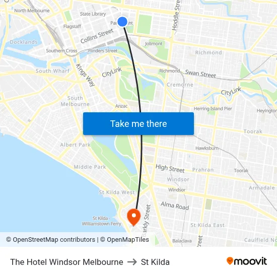 The Hotel Windsor Melbourne to St Kilda map