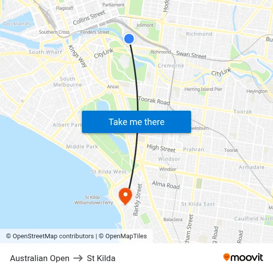 Australian Open to St Kilda map