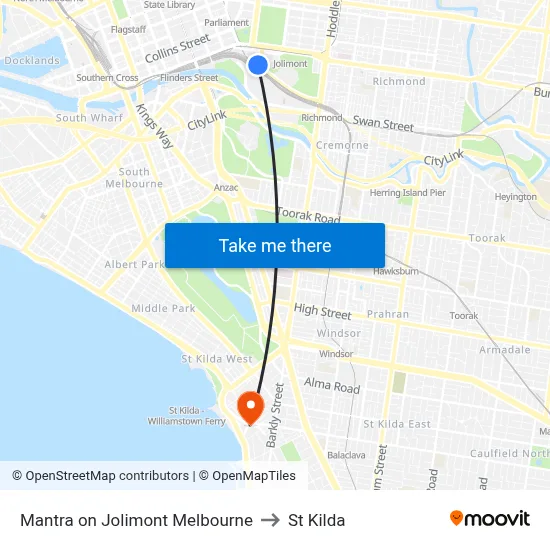 Mantra on Jolimont Melbourne to St Kilda map