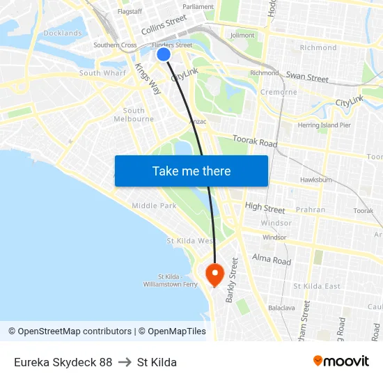 Eureka Skydeck 88 to St Kilda map